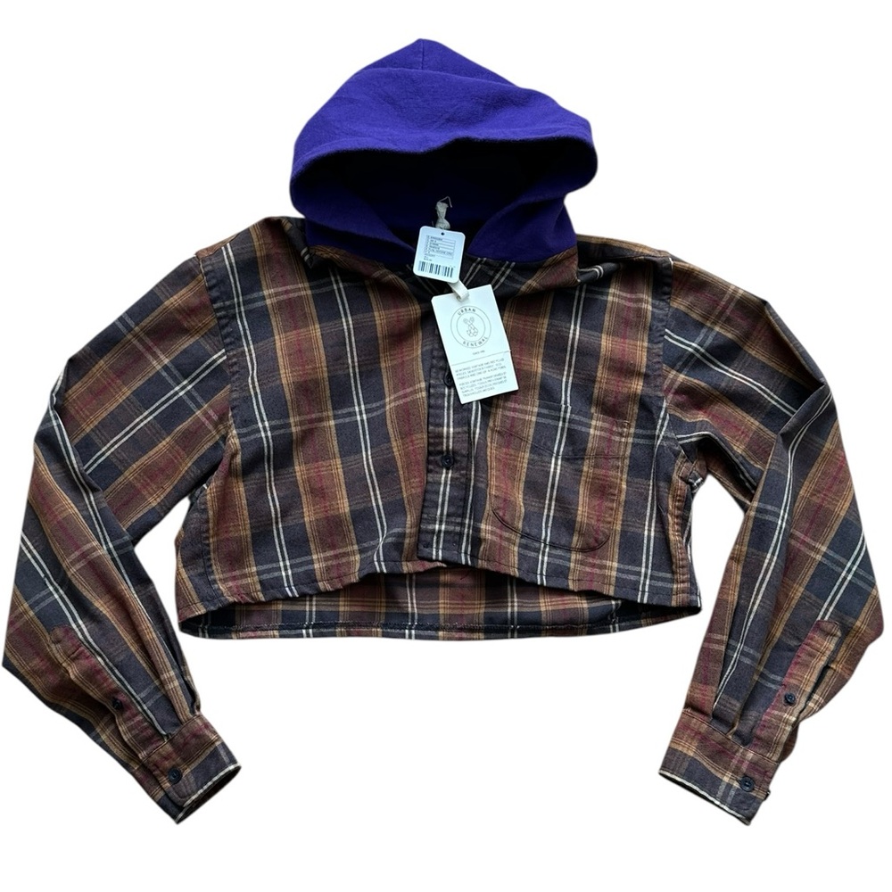 URBAN RENEWAL brown plaid flannel crop hooded up-cycled shirt size Small - NWT! - Picture 1 of 8